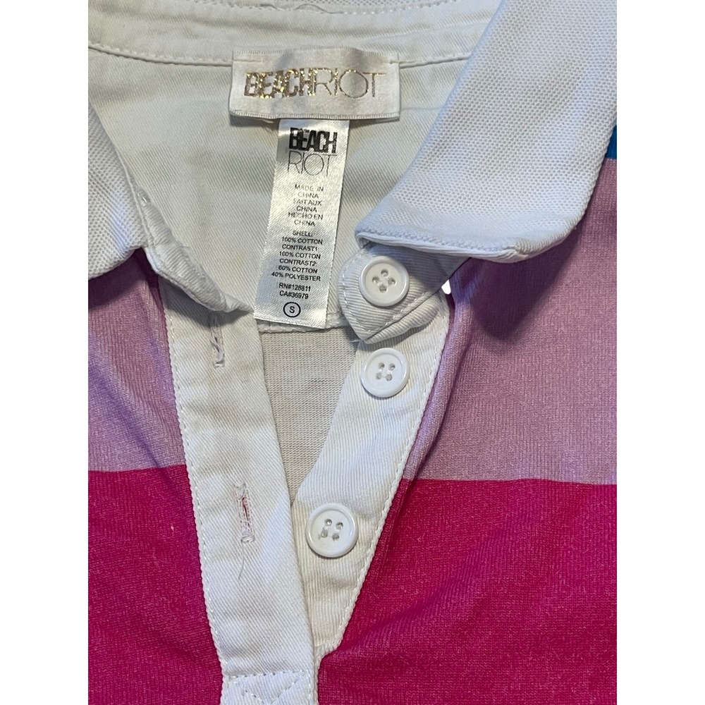 Beach Riot Willa Cropped Short Sleeve Polo Shirt Multi Stripe Pink Yellow Small - Picture 4 of 5